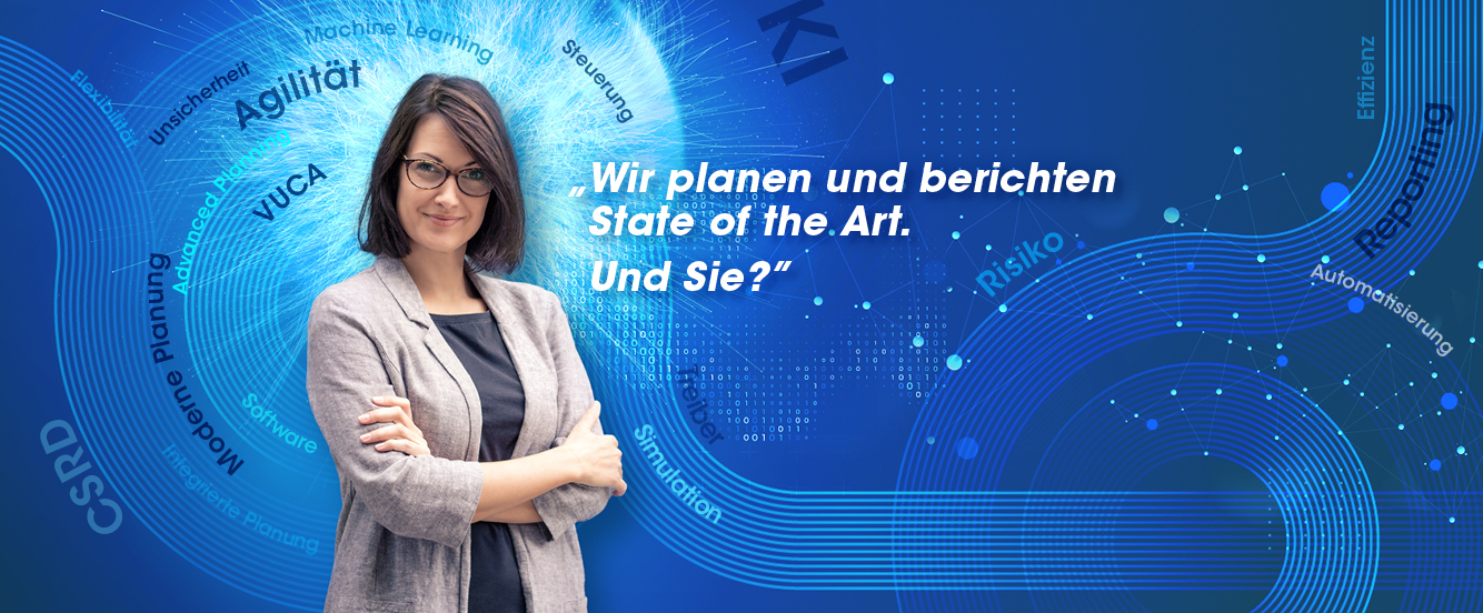 Frau vor blauen Hintergrund mit Planungsthemen