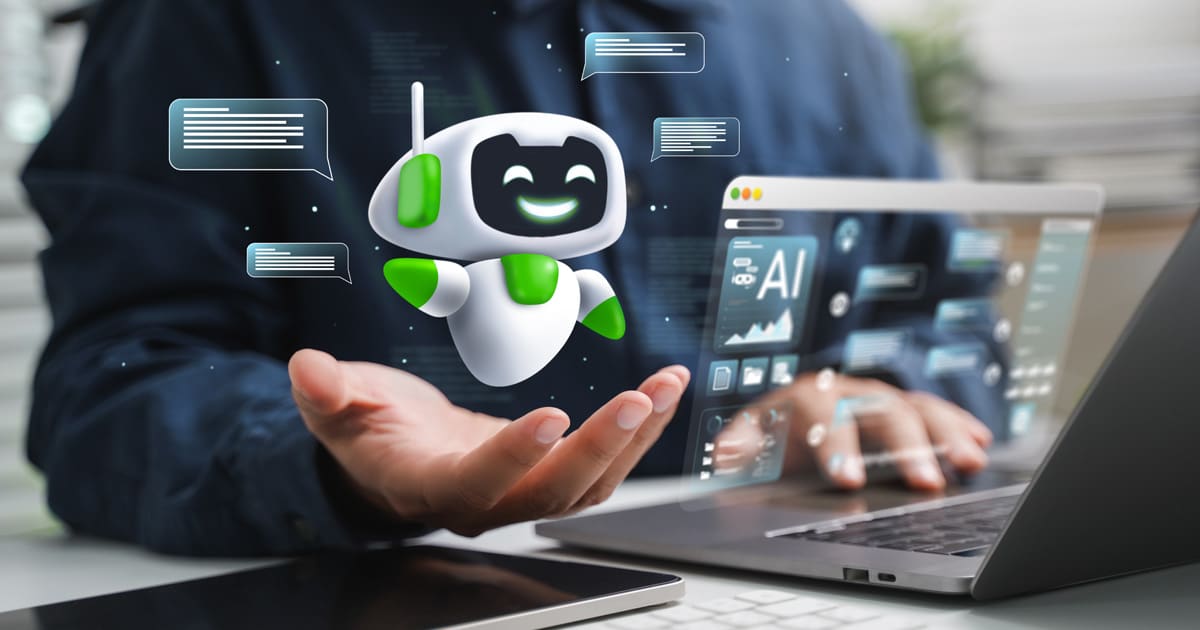 AI agent chatbot with chat bubbles and laptop interface