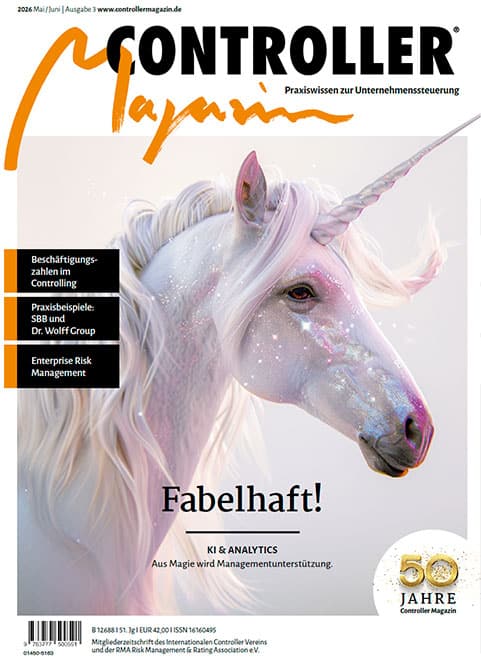 Controller-Magazin-3/2026: Fabelhaft! KI & Analytics Cover des Controller Magazins 3/2026 mit einem schimmernden Einhorn und dem Titel „Fabelhaft! KI & Analytics – Aus Magie wird Managementunterstützung“.