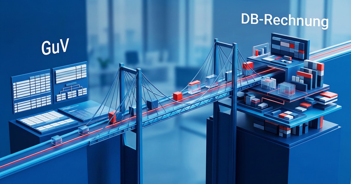 CA_Fach-News_GuV_und_DB-Rechnung_1200x630 3D-Illustration einer Brücke als Symbol für die Verbindung von Gewinn- und Verlustrechnung (GuV) und Deckungsbeitragsrechnung (DB-Rechnung). Links sind Tabellen und Diagramme mit der Beschriftung „GuV“ zu sehen, rechts digitale Finanz- und Datenstrukturen mit der Beschriftung „DB-Rechnung“. Eine leuchtend rote Linie verläuft über die Brücke und verbindet beide Bereiche.