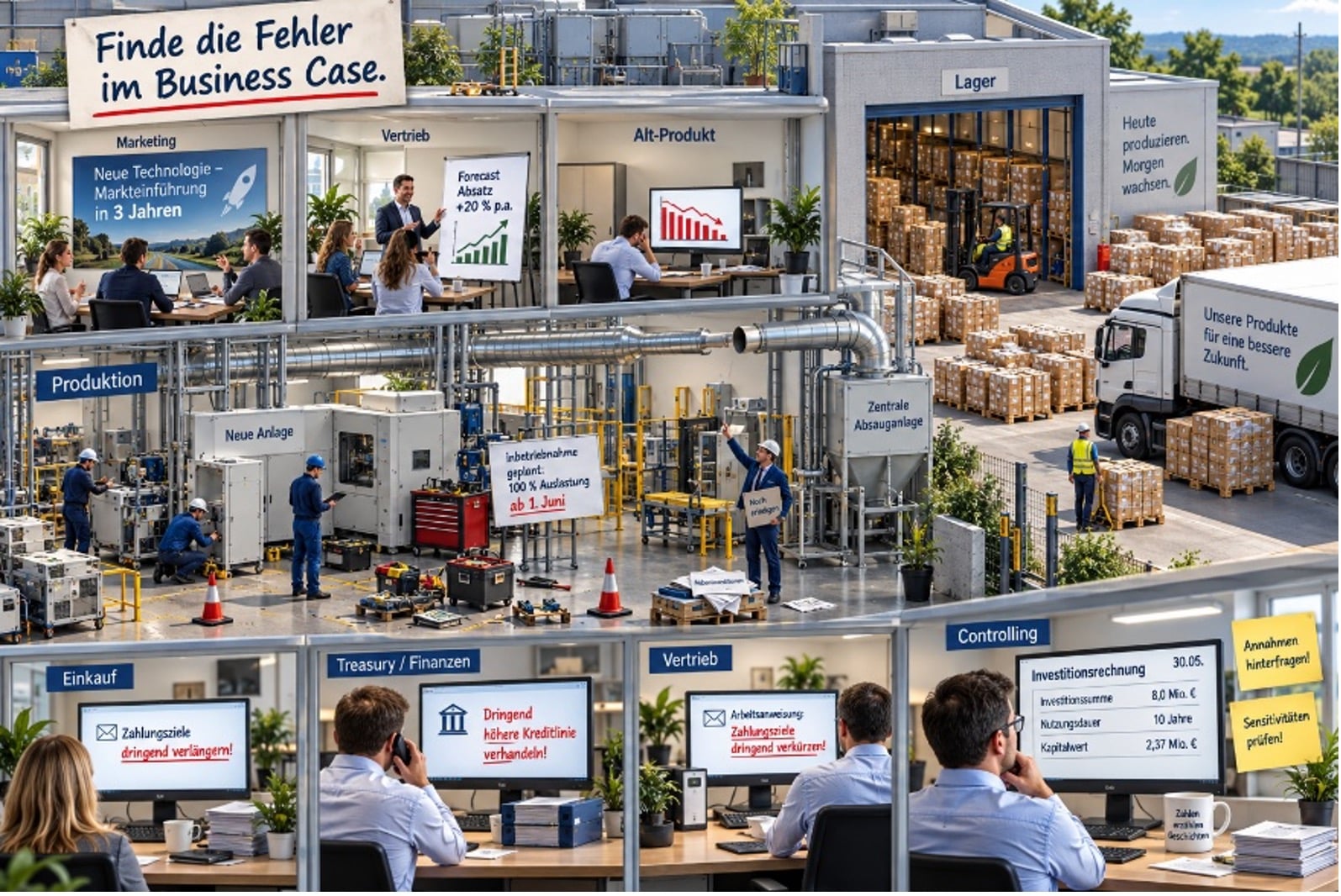 Suchbild Investitions-Controlling Unternehmensszene mit Produktion, Vertrieb, Finanzen und Controlling zur Prüfung eines Business Case.