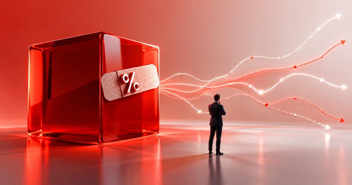 Roter Würfel mit Prozentzeichen und unterschiedlichen Kurven zu Investitionscontrolling und finanziellen Risiken.
