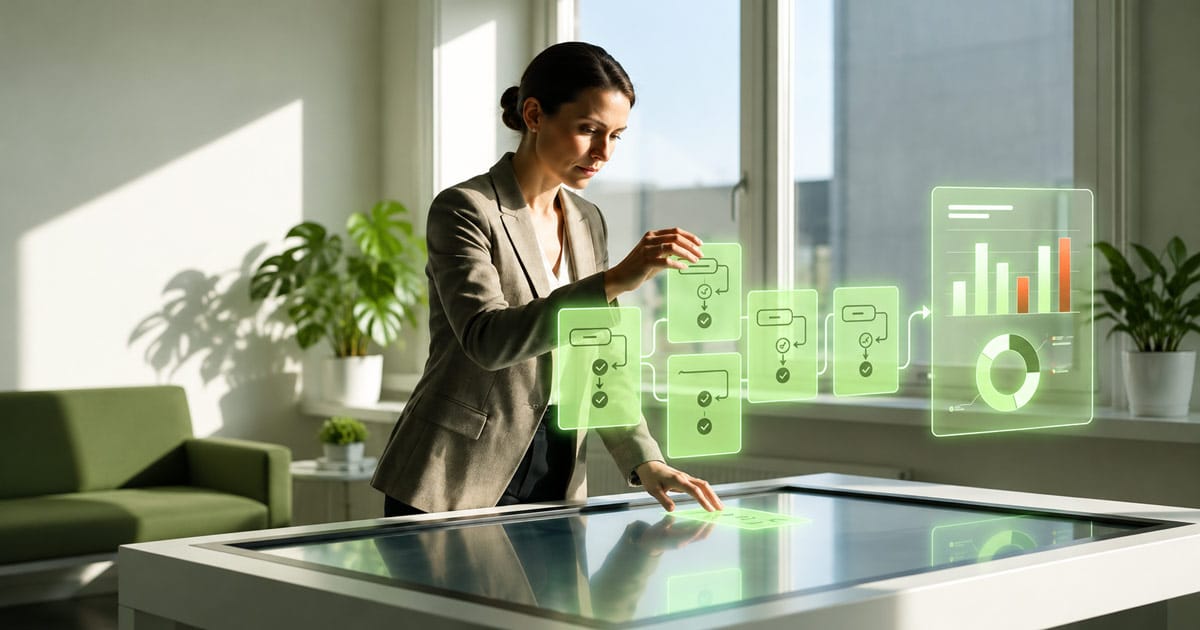 Person steuert digitale Workflows und Prozessdiagramme an einem Touchscreen als Symbol für den Wandel von GPTs zu Skills.