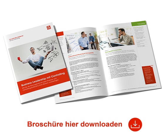 CA_controllerakademie-Business-Leadership-mit-Controlling Broschüre „Business Leadership mit Controlling“ mit aufgeklappten Seiten und Download-Hinweis