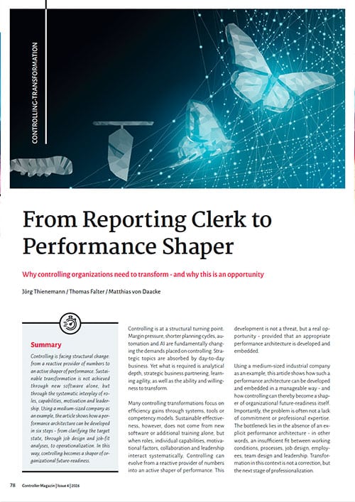 Titelbild der Leseprobe „From Reporting Clerk to Performance Shaper“ mit geometrisch gestalteten Schmetterlingen und digitalem Netzwerk.