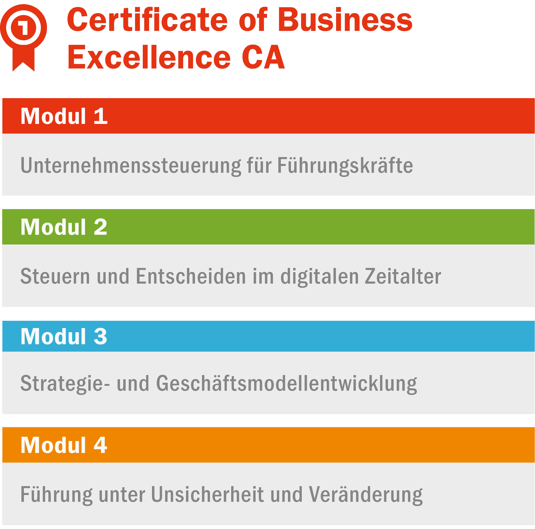 Certificate of Business Excellence CA | CA controller akademie Certificate of Business Excellence CA mit vier Modulen zu Unternehmenssteuerung, digitaler Führung, Strategie und Veränderung